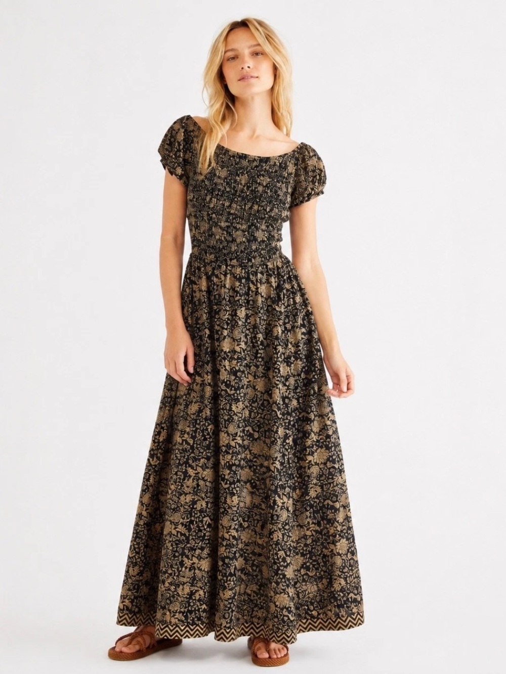 Free People Ultraviolet Maxi Dress Womens Floral Smocked Open Back Boho size L